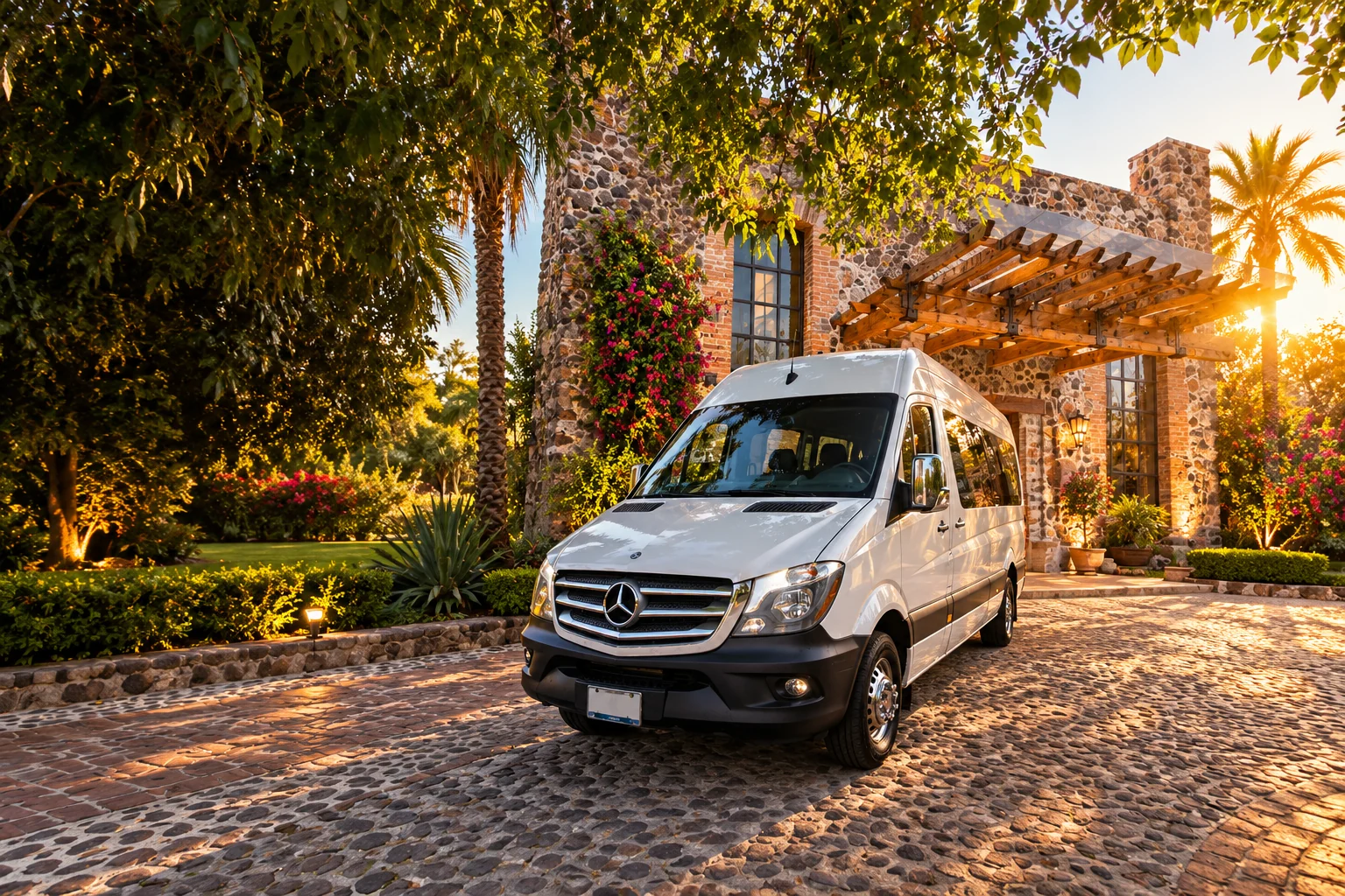 Montaje promocional del camioneta Sprinter de Elegance Tours en un paisaje mexicano