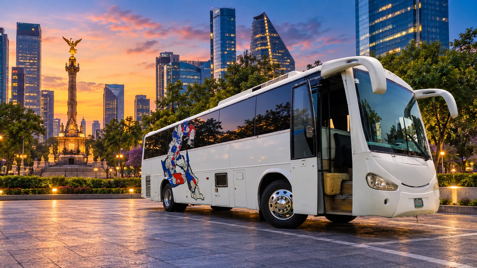 Montaje promocional del autobús blanco de Elegance Tours en un paisaje mexicano