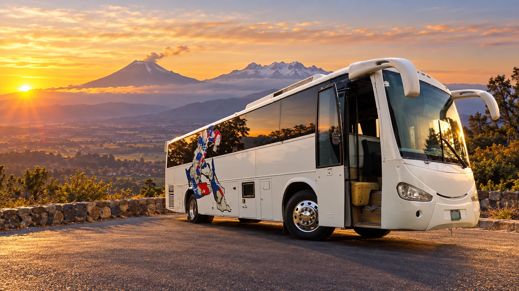 Montaje promocional del autobús blanco de Elegance Tours en un paisaje mexicano