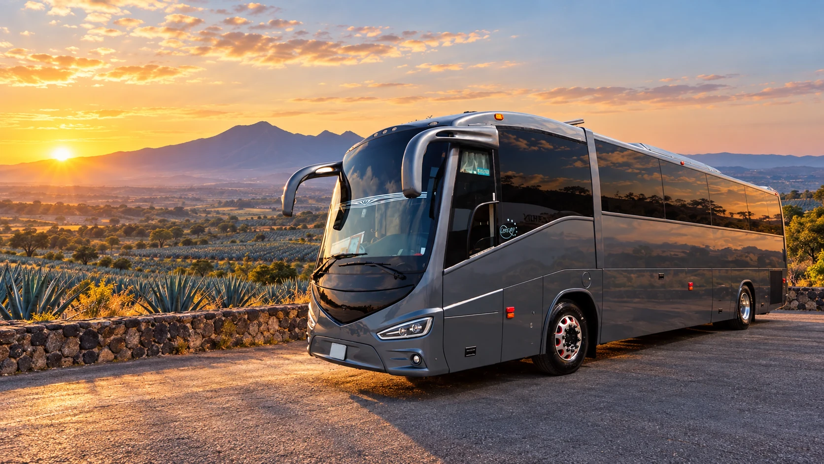 Montaje promocional del autobús oscuro de Elegance Tours en un paisaje mexicano