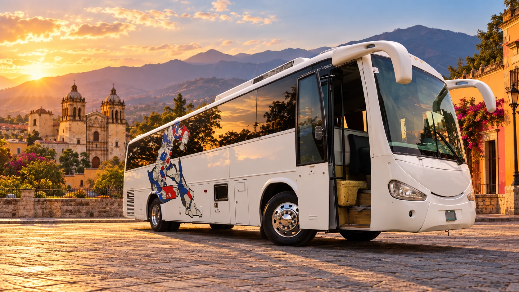 Montaje promocional del autobús blanco de Elegance Tours en un paisaje mexicano