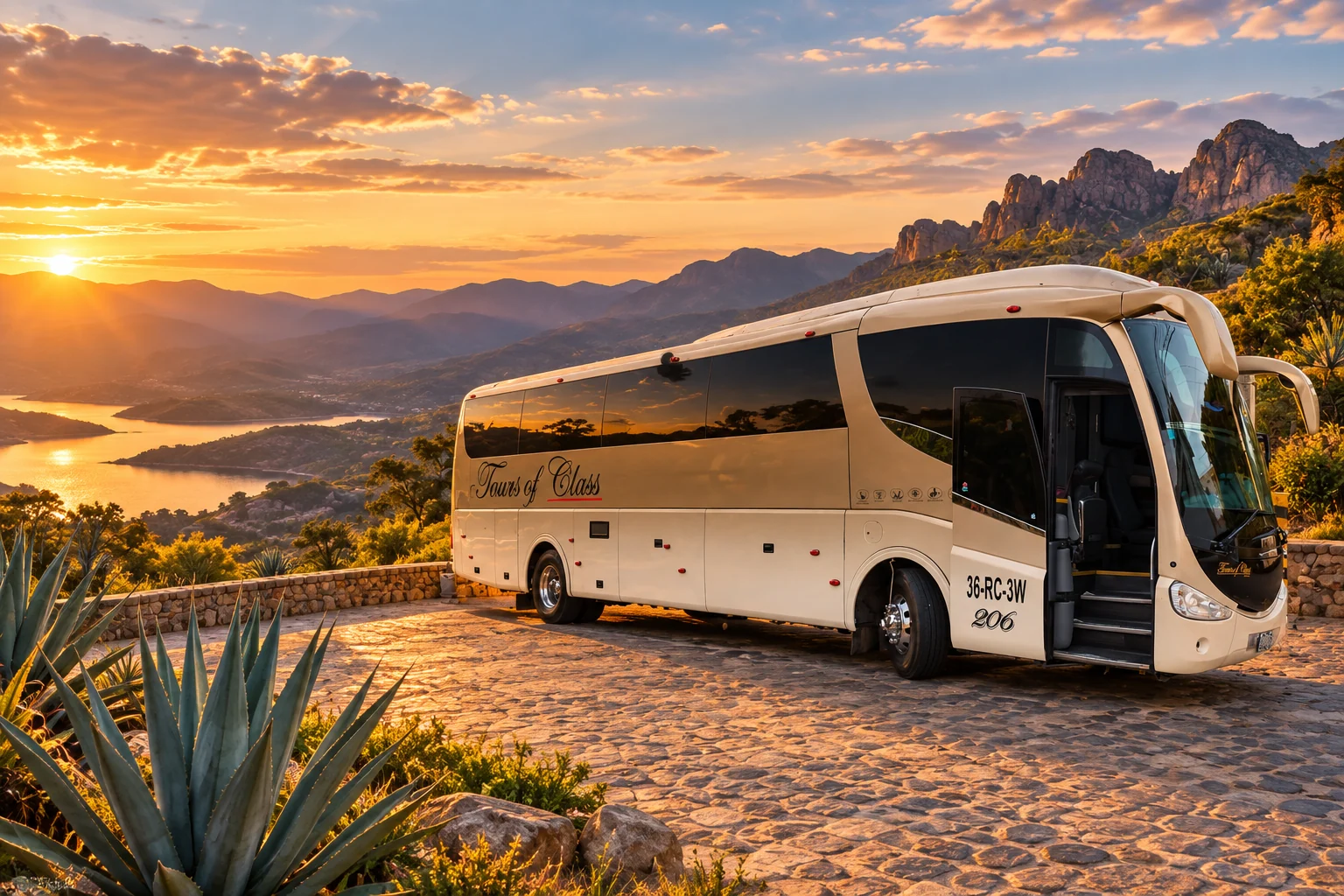 Montaje promocional del autobús blanco de Elegance Tours en un paisaje mexicano